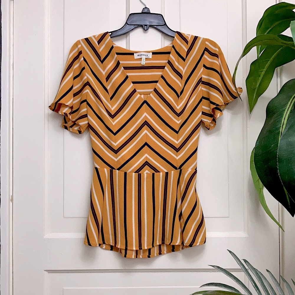 Monteau Los Angeles Chevron Peplum Striped Blouse